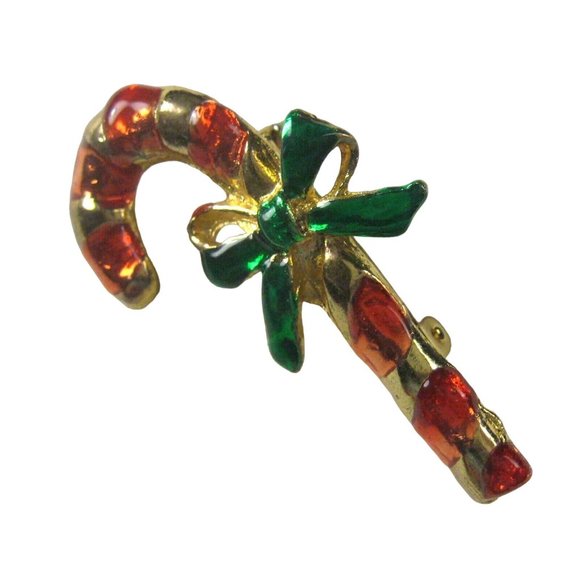 Candy Cane Pin Brooch 2 In Jewelry Christmas Xmas Holiday Bow Red Party Goldtone - Picture 1 of 4